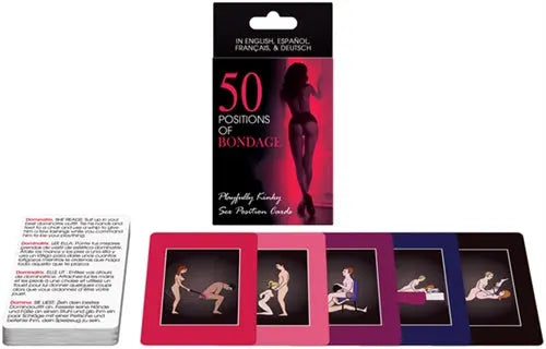 Bondage positions card deck in illustrated box with five panel cards and cover