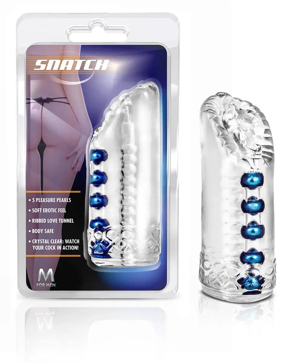 Clear ribbed pleasure sleeve with four blue bead accents and open end