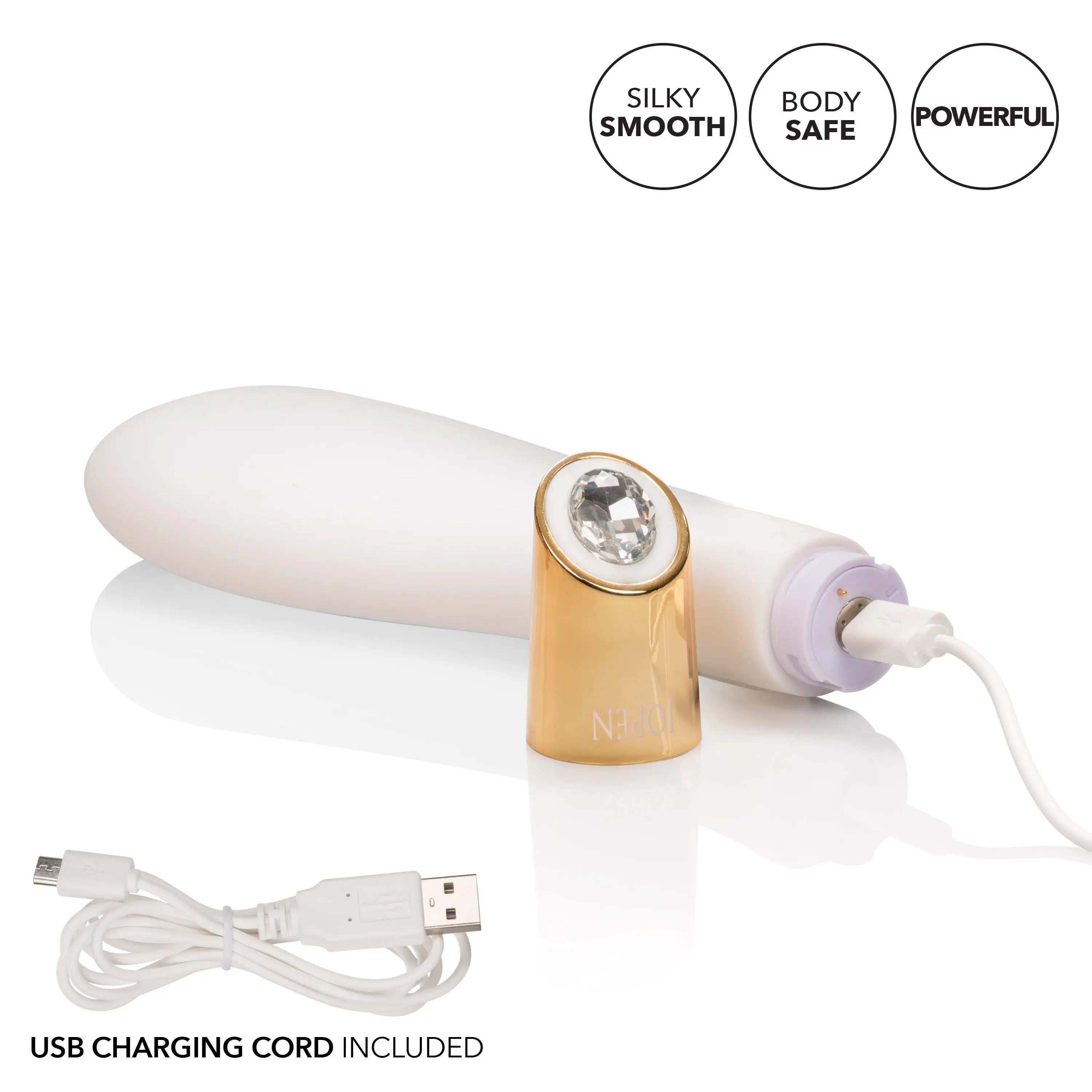 Vibrating wand with USB charging cord, white silicone head and gold base