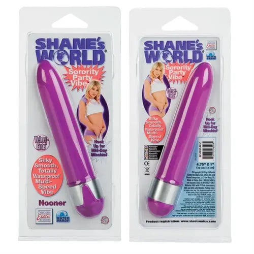 Purple novelty party inflatable Nooner, glossy metallic finish, in retail packaging