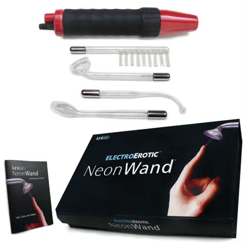 Neon wand electrosex kit with red-and-black handle and electrode attachments