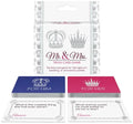 Mr. & Mrs. trivia card game with blue and pink card decks and crown designs
