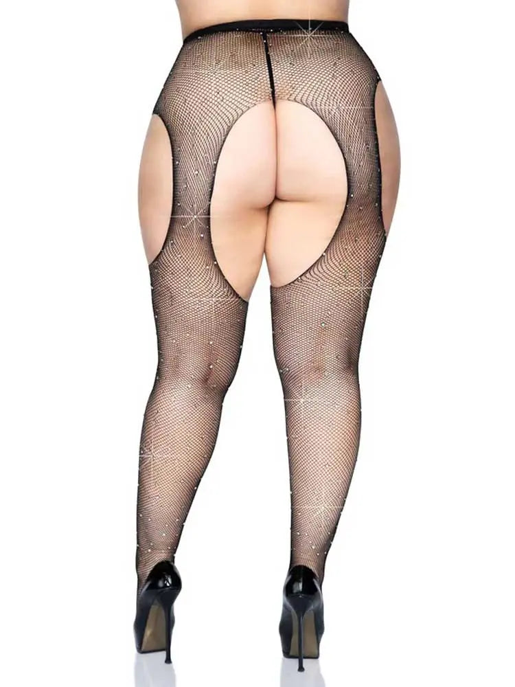 Casey Rhinestone Fishnet Suspender Pantyhose - Queen - Black – nylon | Fu'Cha Exotics
