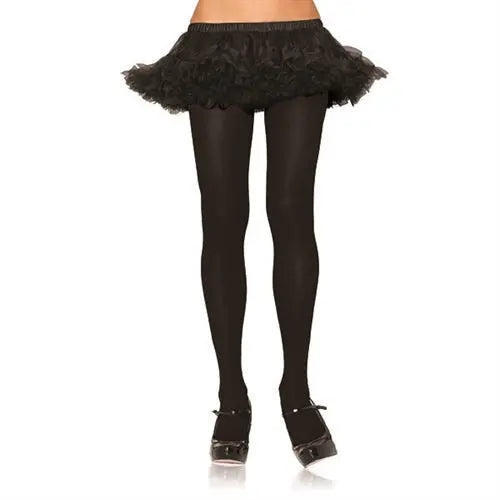 Black nylon tights with ruffled top and sheer legs