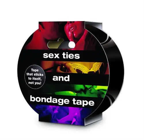 Black bondage tape roll packaging with sex ties and bondage tape text