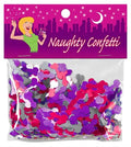 Colorful party confetti in a clear plastic bag with mixed purple, pink, and gray pieces
