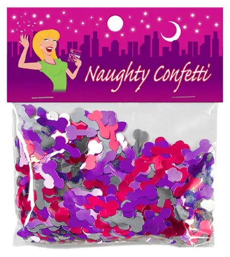 Colorful party confetti in a clear plastic bag with mixed purple, pink, and gray pieces