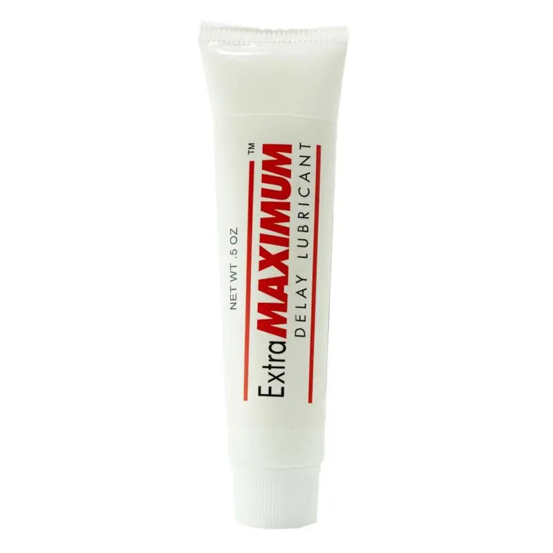 Large delay lube tube, squeeze dispenser, white cream with red label.