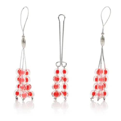 Ruby red bead body jewelry with dangling loops, metal hooks