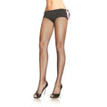 Black fishnet pantyhose with open-weave pattern, worn over legs to the heels