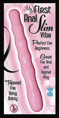 Pink anal slim vibe toy with curved, tapered shape and smooth silicone-like surface