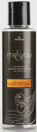 Luxury massage oil bottle with cap, lemon ginger orange vanilla sugar, 4.2 fl oz