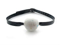 Black strap ball gag with white round ball