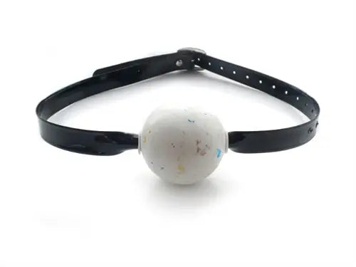 Black strap ball gag with white round ball