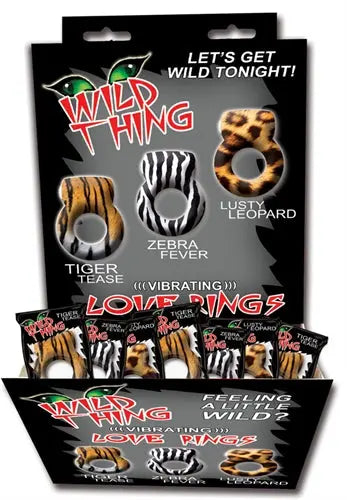 Assorted animal theme ring set in a blister display with tiger, zebra, and leopard designs