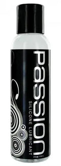 Silicone lubricant bottle, white with black cap and “Passion” label