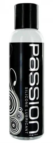 Silicone lubricant bottle, white with black cap and “Passion” label
