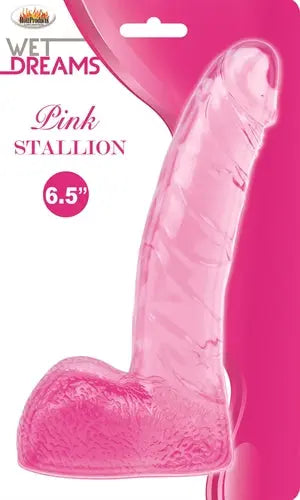 Pink textured dildo with ball base and curved tip