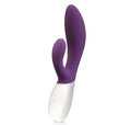 Plum purple wave-shaped massager with curved silicone head and white handle