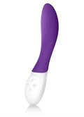 Purple silicone vibrator with curved tip and white button controls