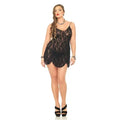 Black lace chemise with rose-pattern floral details, sleeveless, with matching g-string