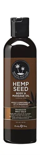 Hemp seed massage body oil bottle, dark glass with brown label and cap