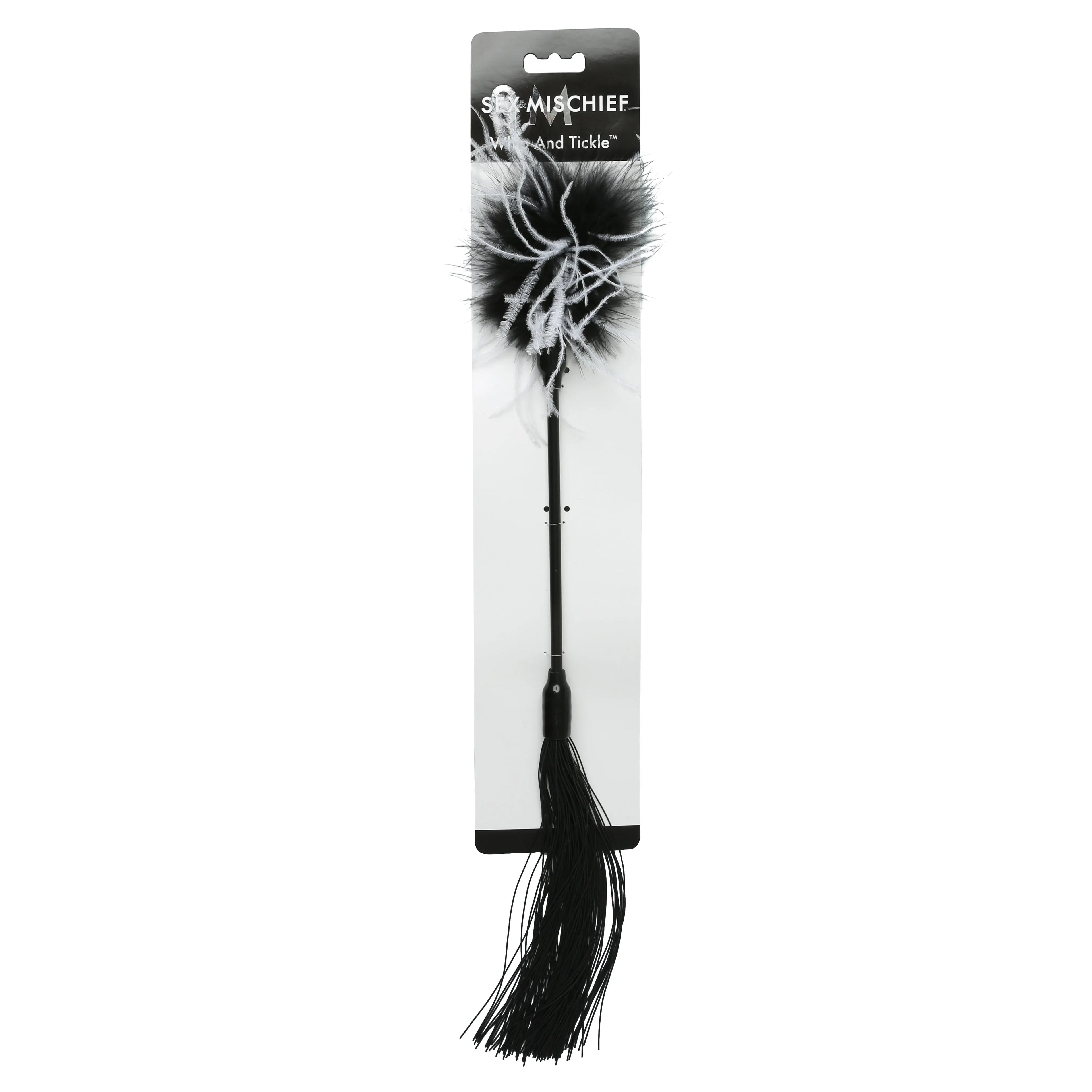 Sex and Mischief whip and tickler with black tassel and long handle