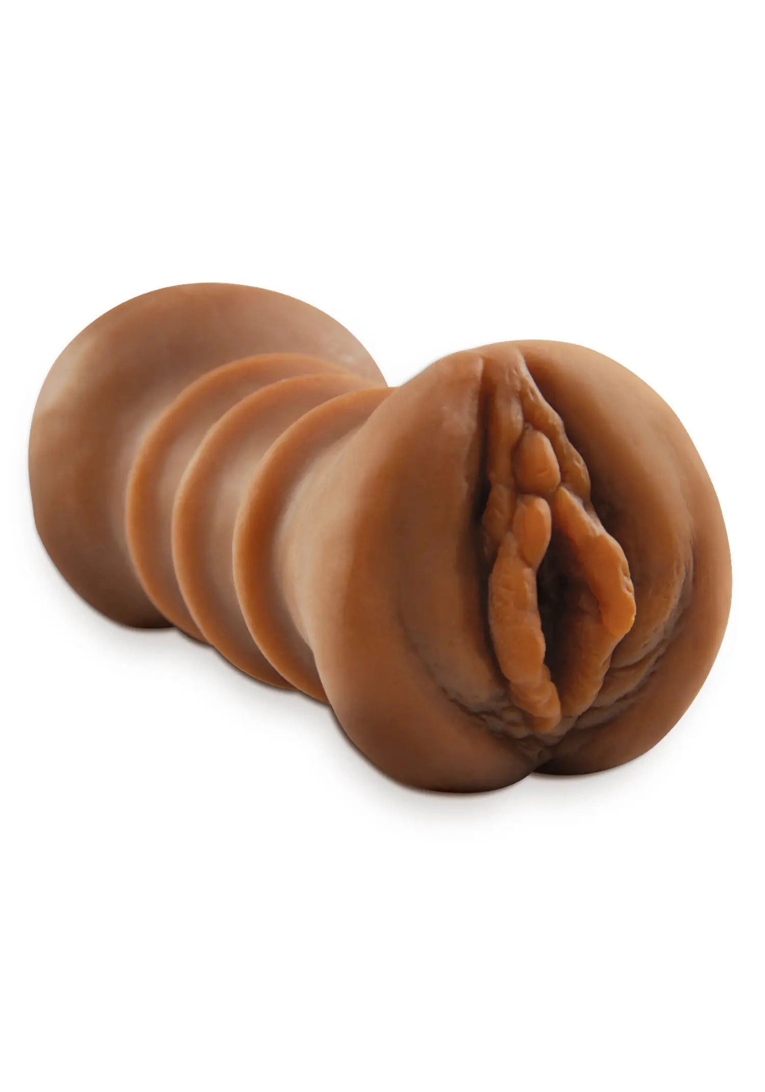 Brown molded adult toy with ridged texture and opening at one end