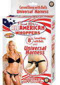 Universal harness with curved dong and balls, flesh-colored, adjustable strap