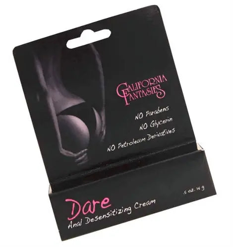 Anal desensitizing cream box, black with pink Dare logo and California panties info