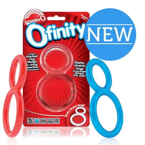 Assorted double-ring set in retail box with red and blue rings
