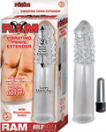 Clear vibrating penis extender sleeve with textured surface and base attachment