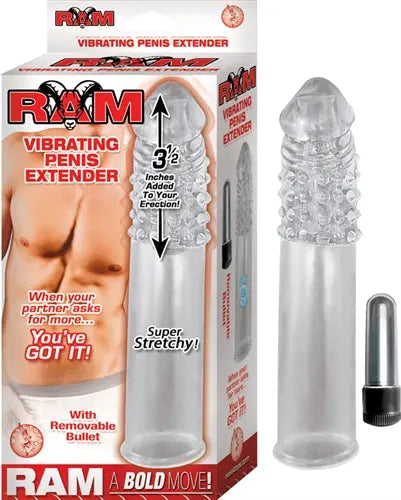 Clear vibrating penis extender sleeve with textured surface and base attachment