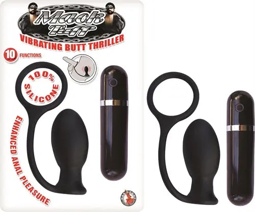 Vibrating butt plug with black silicone tip and slim control handle, boxed set
