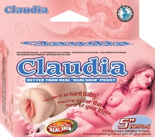 Claudia sex toy packaging box, pink with blue text and 5 in size label