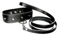 Black leather dog collar and matching leash set with metal D-ring and buckles