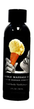 Edible massage oil bottle, black with vanilla ice cream graphic and 2 fl oz label