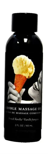Edible massage oil bottle, black with vanilla ice cream graphic and 2 fl oz label