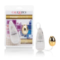 Vibrating egg massager with gold-toned shell and white body, multi-speed control cord