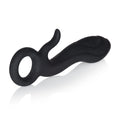 Black prostate stimulator with ring base and curved shaft, rounded tip