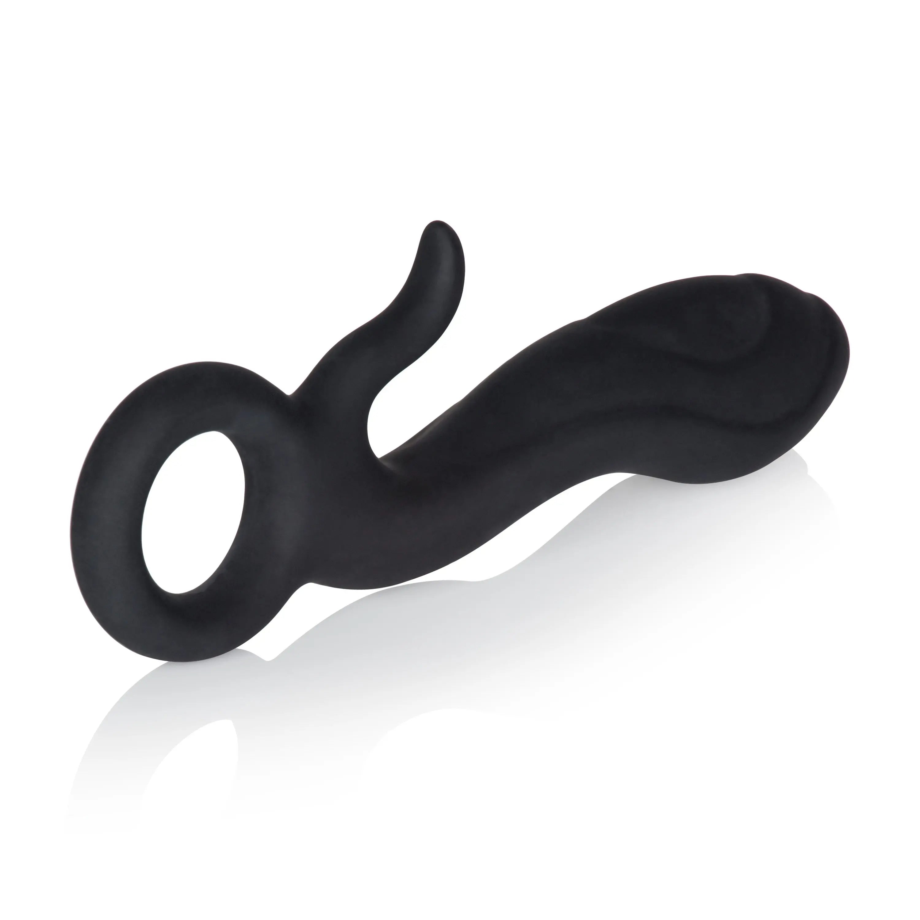 Black prostate stimulator with ring base and curved shaft, rounded tip