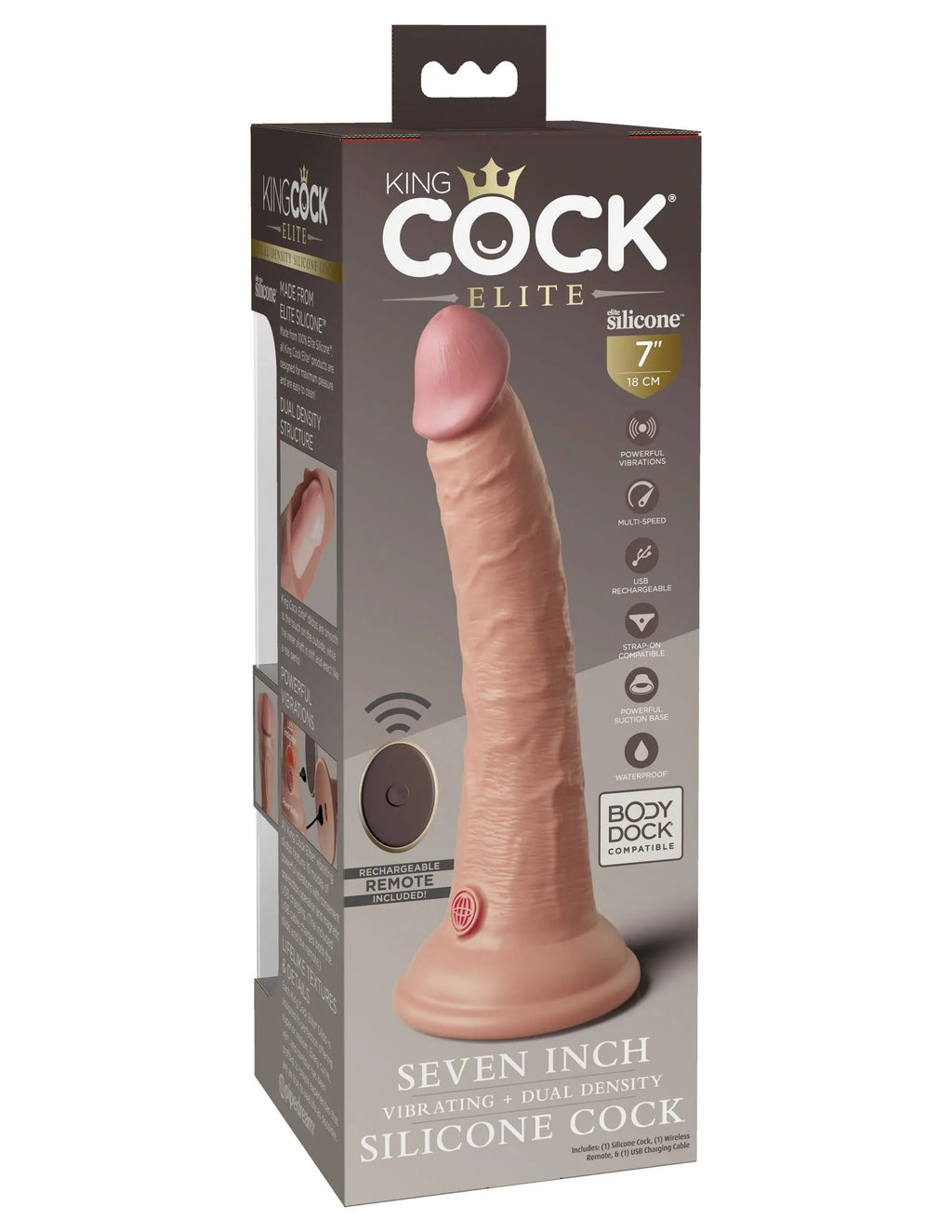 King Cock Elite 7 Inch Vibrating Silicone Dual Density Cock With Remote - Light – body-safe materials | Fu'Cha Exotics