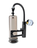 Pistol-grip power pump with black handle, clear cylinder, flexible hose, and pressure gauge