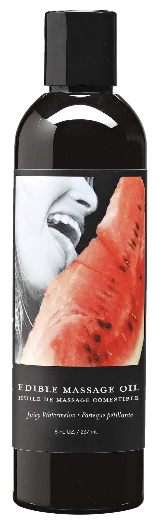 Edible massage oil bottle, black with cap; watermelon label, 8 fl oz.