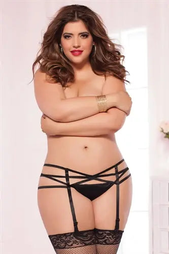 Plus-size black strappy elastic garter belt with lace trim and suspenders