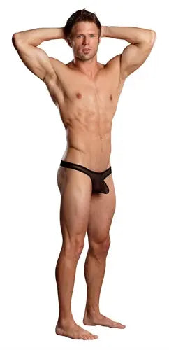 Black men's mini pouch thong underwear, high-cut style, small-medium