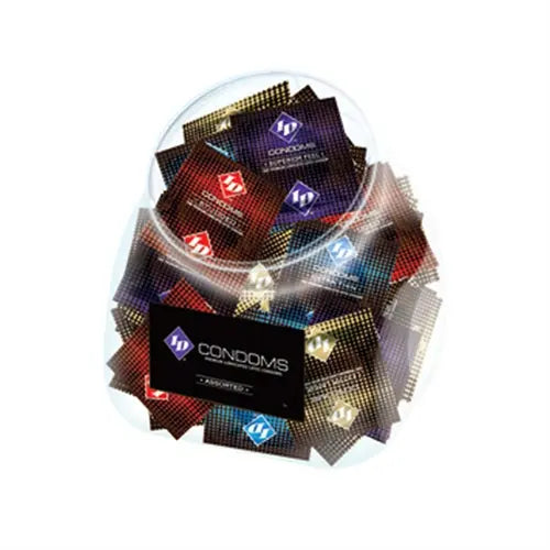 Assorted condom foil packets in clear jar