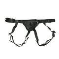 Black adjustable strap-on harness with front pouch and leg straps