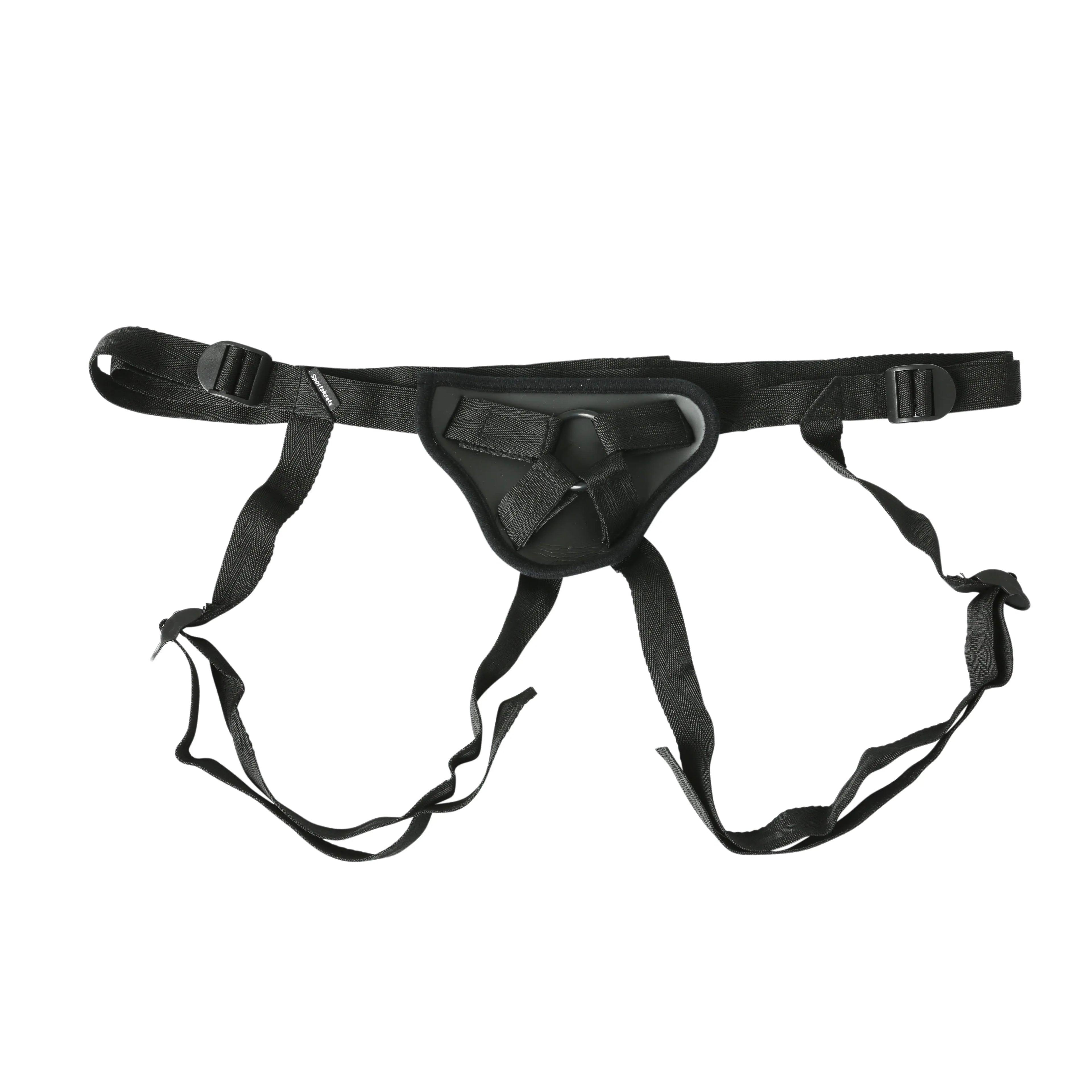 Black adjustable strap-on harness with front pouch and leg straps