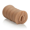 Flesh-tone realistic sex toy with cupped opening, curved shape